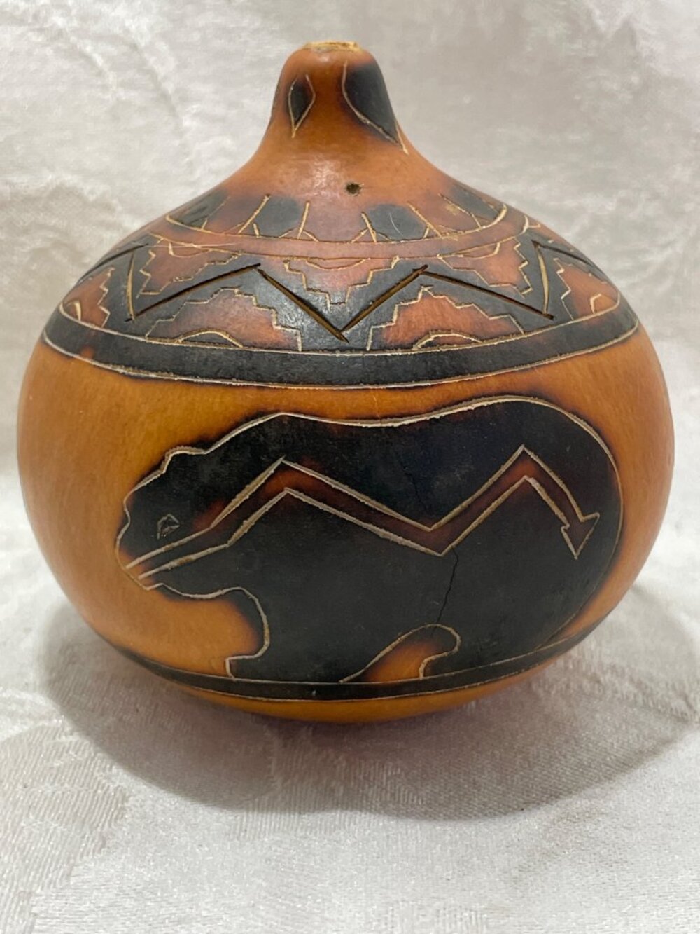 Gourd Trinket Box Bowl Bear Wood Burned Design Trees Nature 3.5”x3.5”